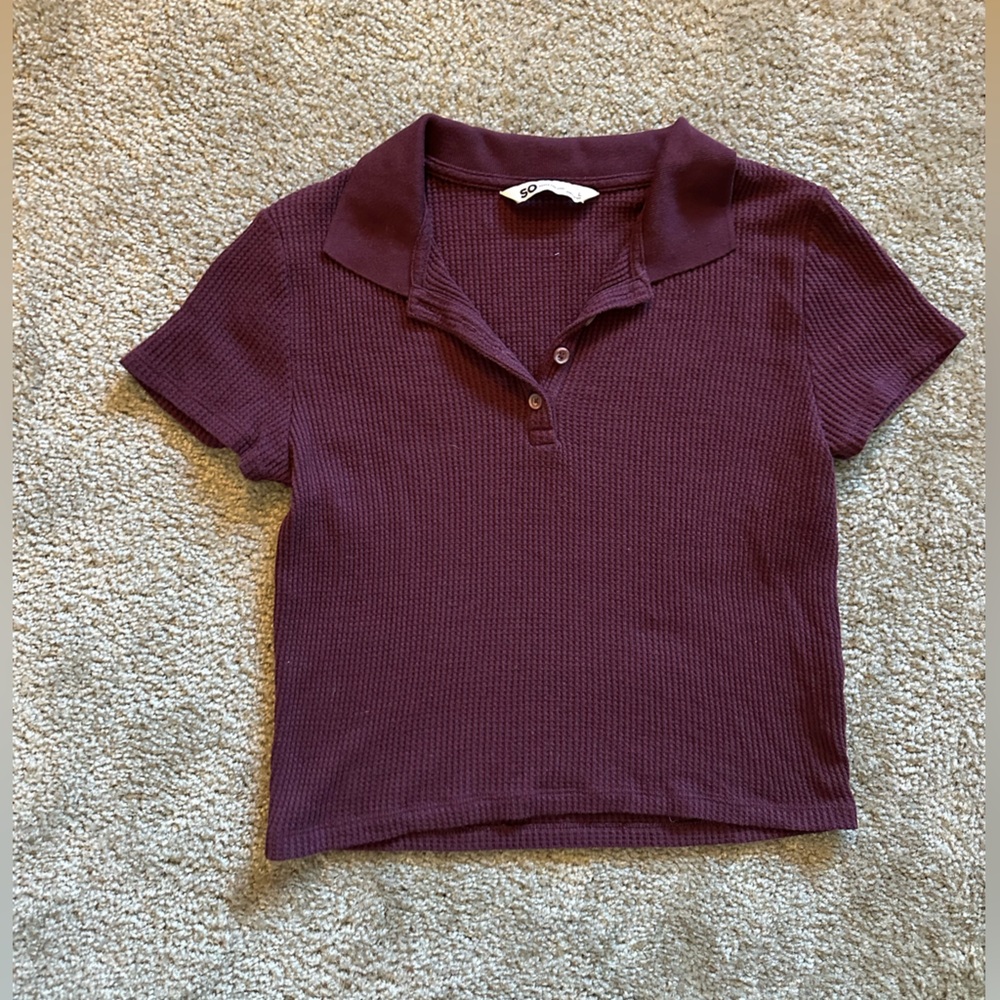 SO Burgendy Waffle Knit Collared Crop Top - Large